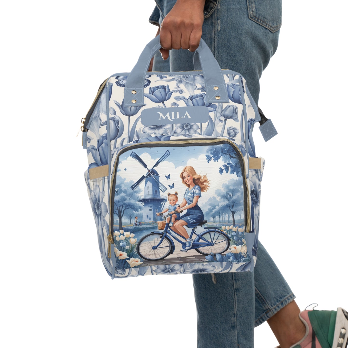 Girls Diaper Bag Personalized Dutch Delft Blue | Baby Girl Backpack with Windmill, Tulips & Name Example (Mila)