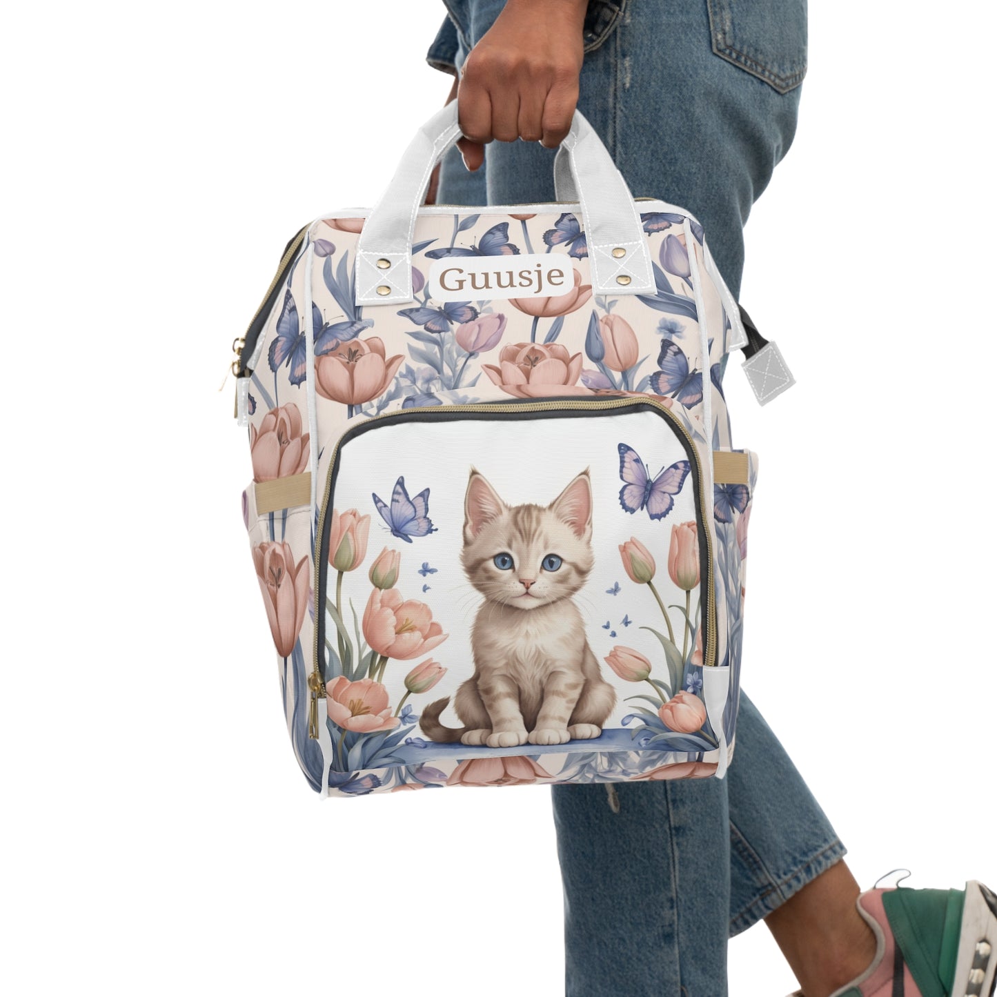Girls Diaper Bag Backpack | Personalized Kitten Design | Delft Blue Inspired Baby Bag with Tulips & Butterflies | Baby Shower Gift