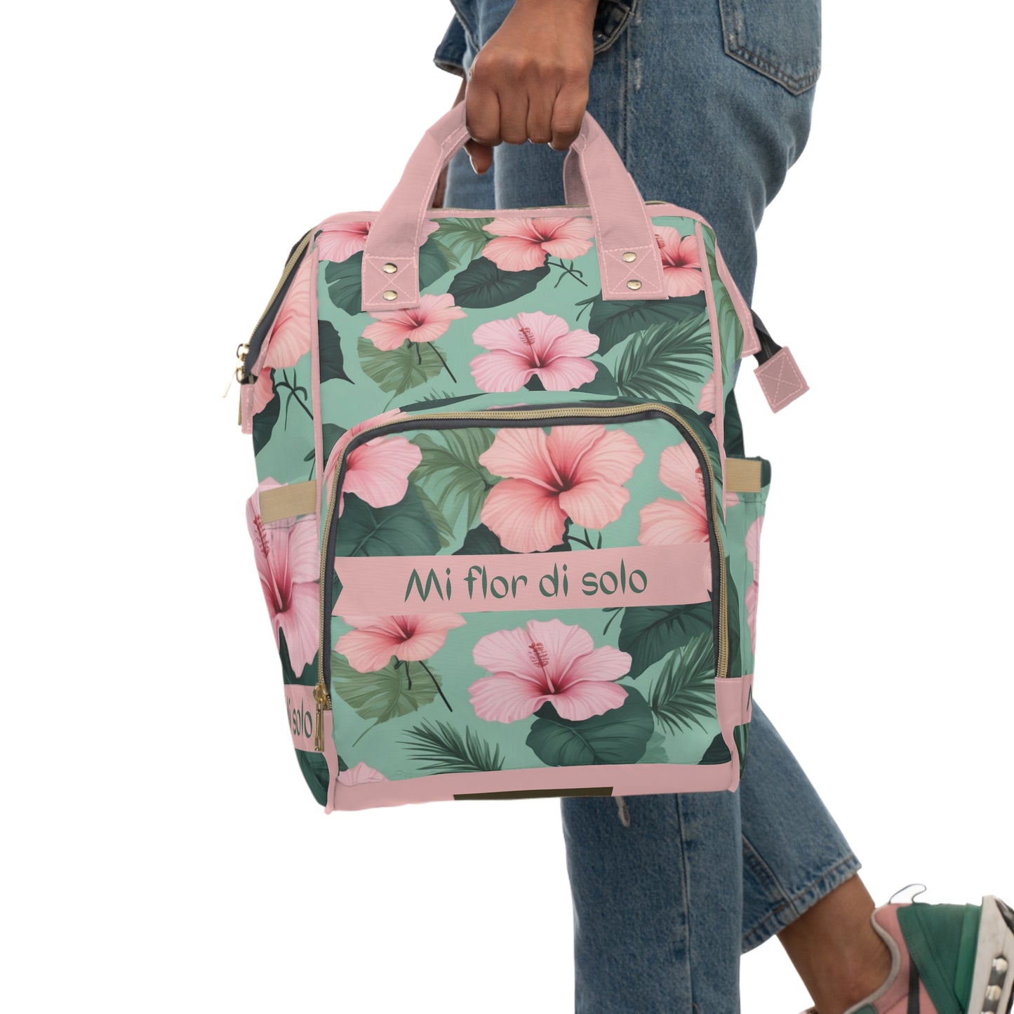 Girls Diaper Bag Personalized Tropical Baby Bag Pink Hibiscus Waterproof Backpack