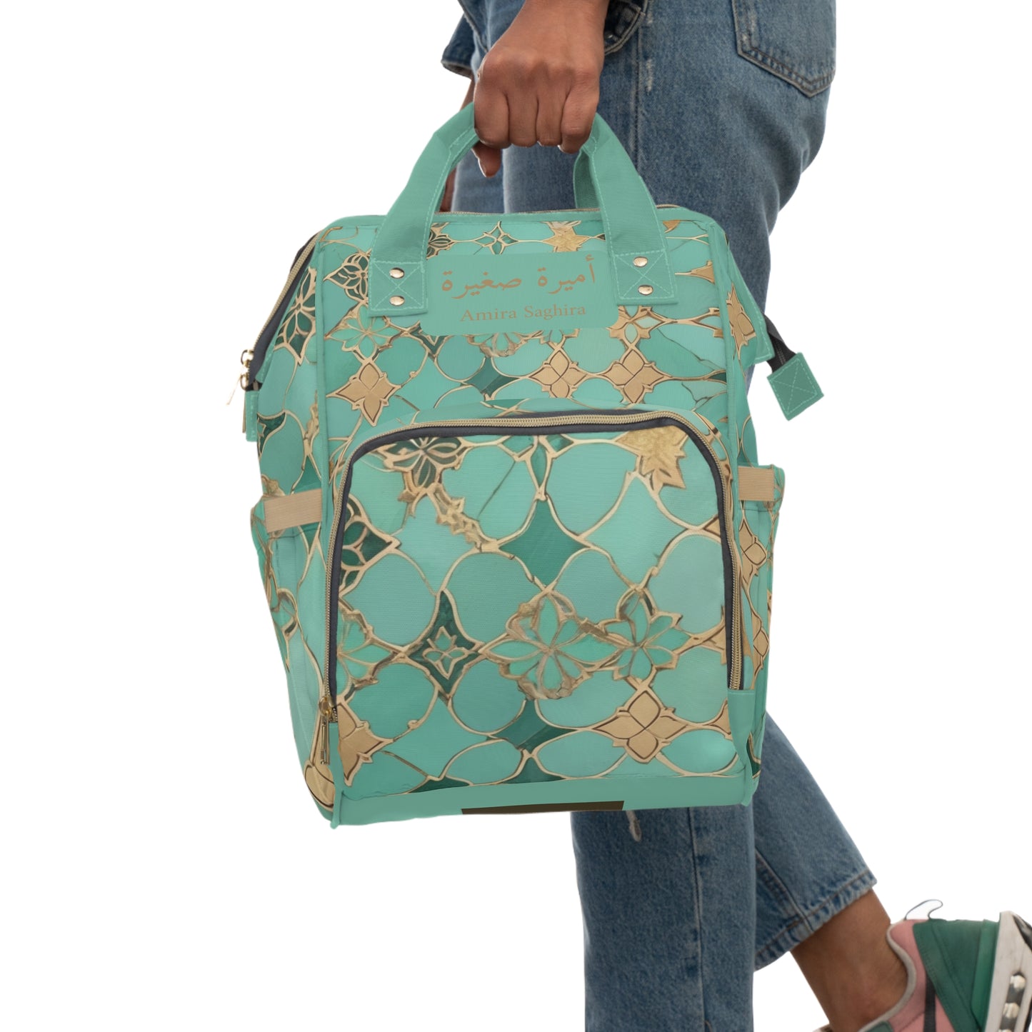Girls Diaper Bag Personalized Arabic Baby Bag Amira Saghira Little Princess Teal Gold Mosaic