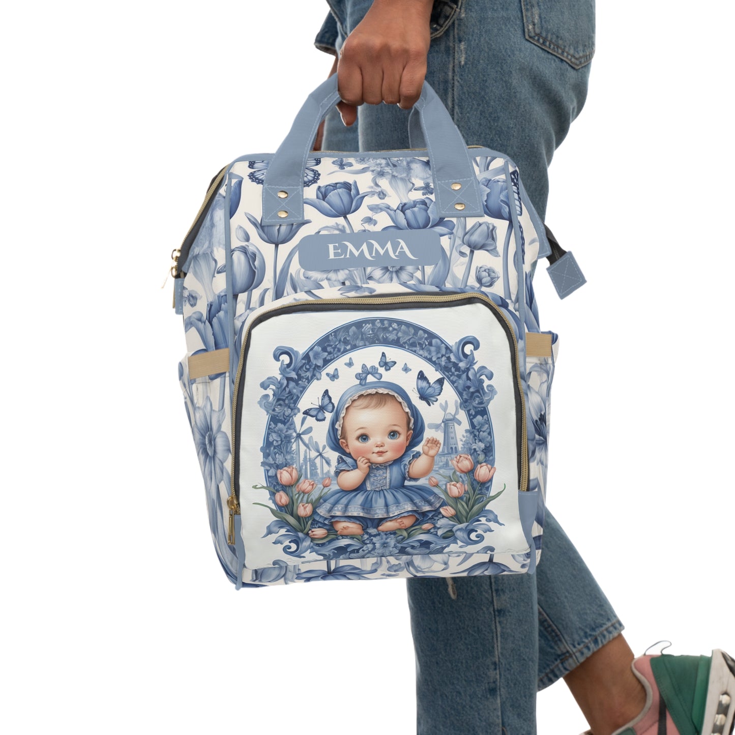 Girls Diaper Bag Personalized Dutch Delft Blue | Baby Girl Backpack with Tulips, Windmill & Name Example (Emma)