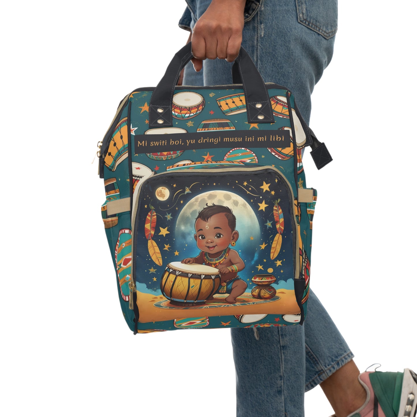 Boys Surinamese Backpack | Personalized Baby Boy Bag with Drum & Moonlight Quote | Unique Cultural Baby Shower Gift