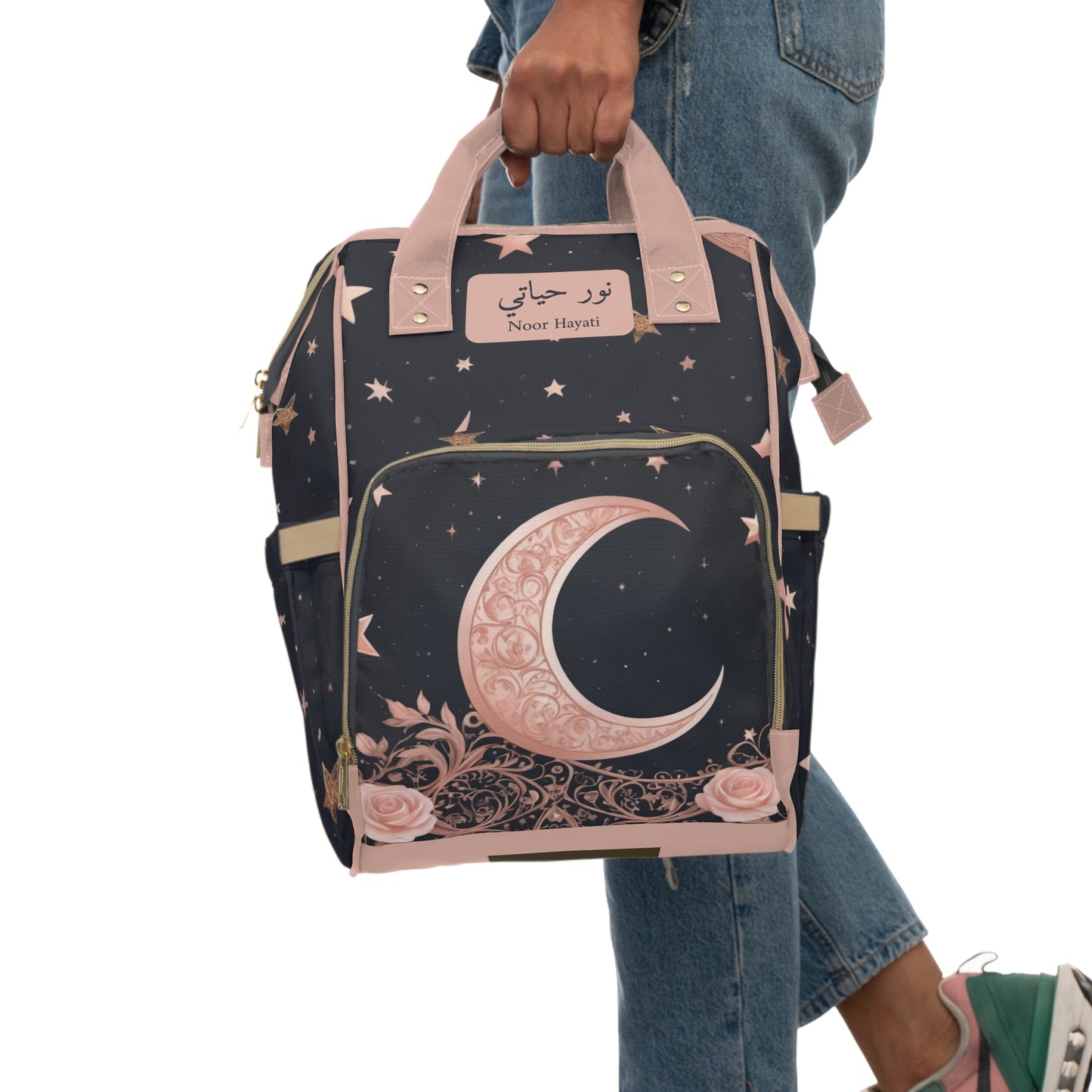 Girls Diaper Bag Personalized Arabic Baby Bag Noor Hayati Light of My Life Crescent Moon and Stars