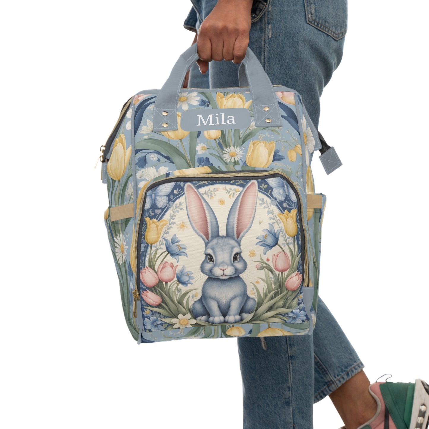 Girls Diaper Bag Backpack | Personalized Bunny Design | Delft Blue Inspired Baby Bag with Tulips & Pastels | Unique Baby Shower Gift