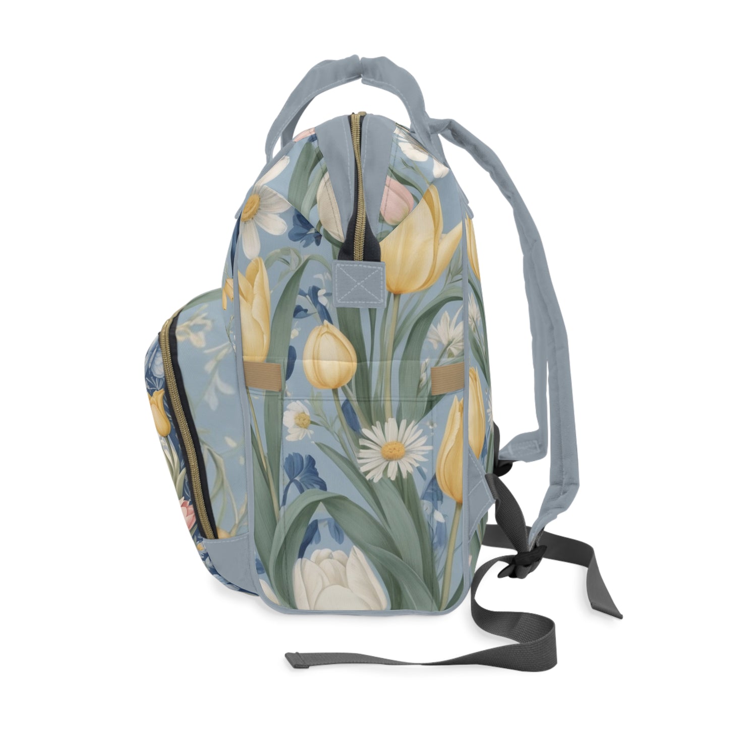 Girls Diaper Bag Backpack | Personalized Bunny Design | Delft Blue Inspired Baby Bag with Tulips & Pastels | Unique Baby Shower Gift