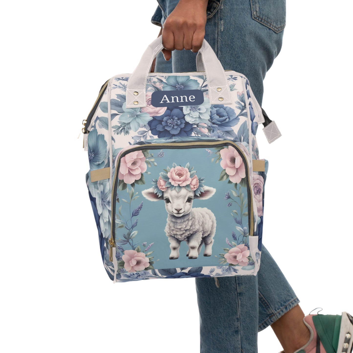Girls Diaper Bag Backpack | Personalized Lamb Design | Delft Blue Inspired Baby Bag with Floral Pastels | Unique Baby Shower Gift