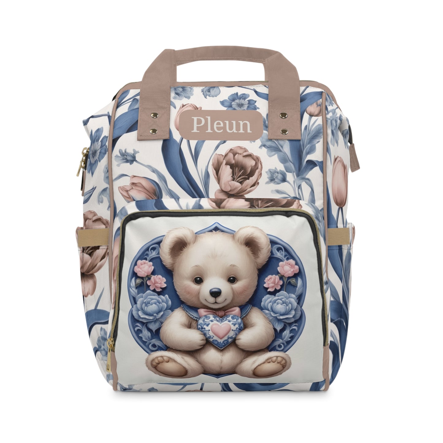 Girls Diaper Bag Backpack | Personalized Teddy Bear Design | Delft Blue Inspired Baby Bag with Pastel Florals | Baby Shower Gift