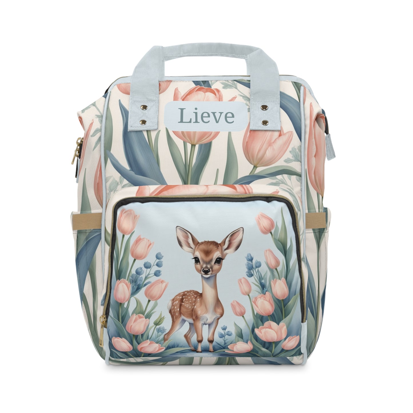 Girls Diaper Bag Backpack | Personalized Deer Design | Delft Blue Inspired Baby Bag with Tulips & Pastels | Baby Shower Gift