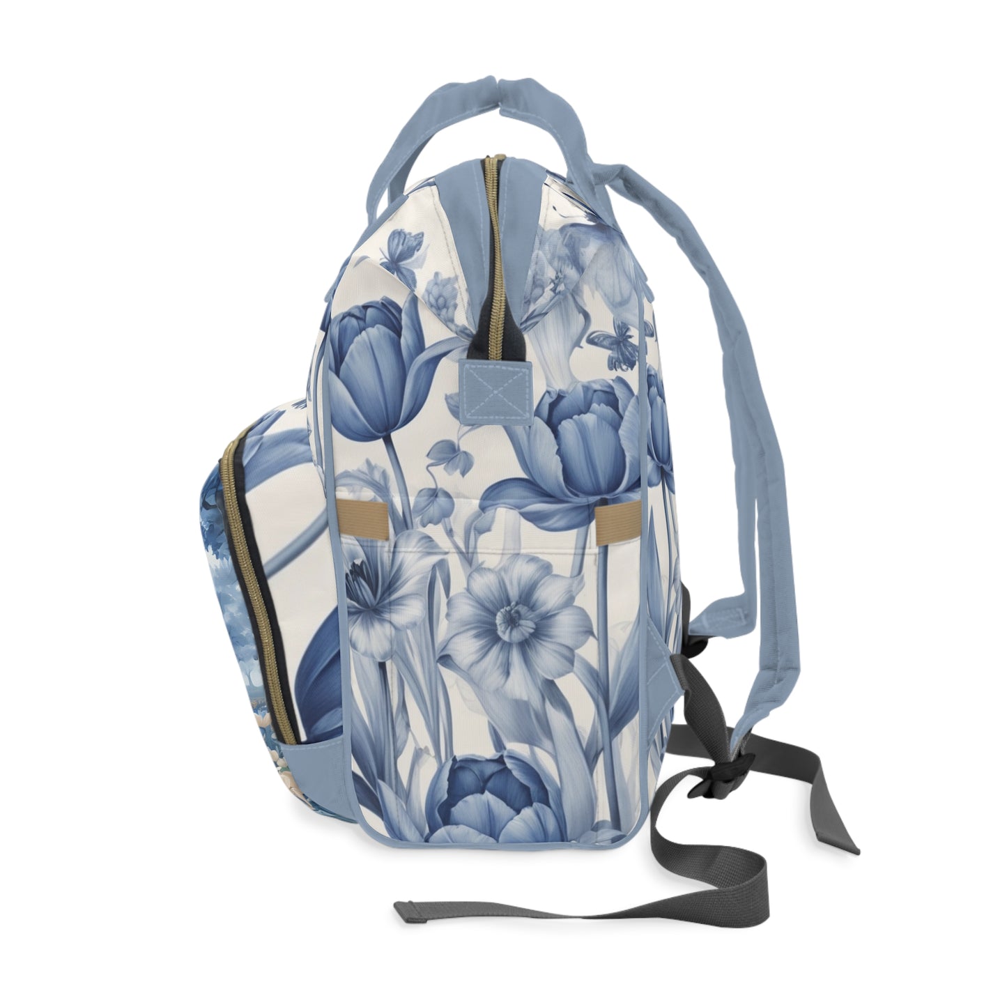 Girls Diaper Bag Personalized Dutch Delft Blue | Baby Girl Backpack with Windmill, Tulips & Name Example (Mila)