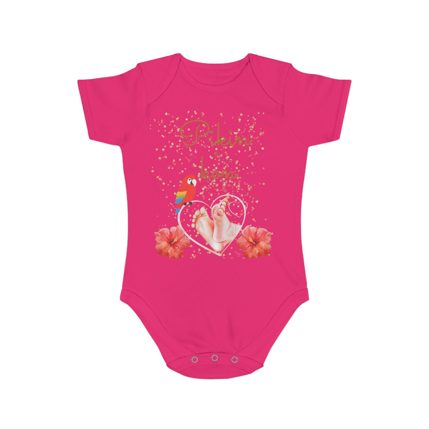 Surinamese Baby Announcement Romper – Pikin e kon – Tropical Hibiscus & Baby Feet”