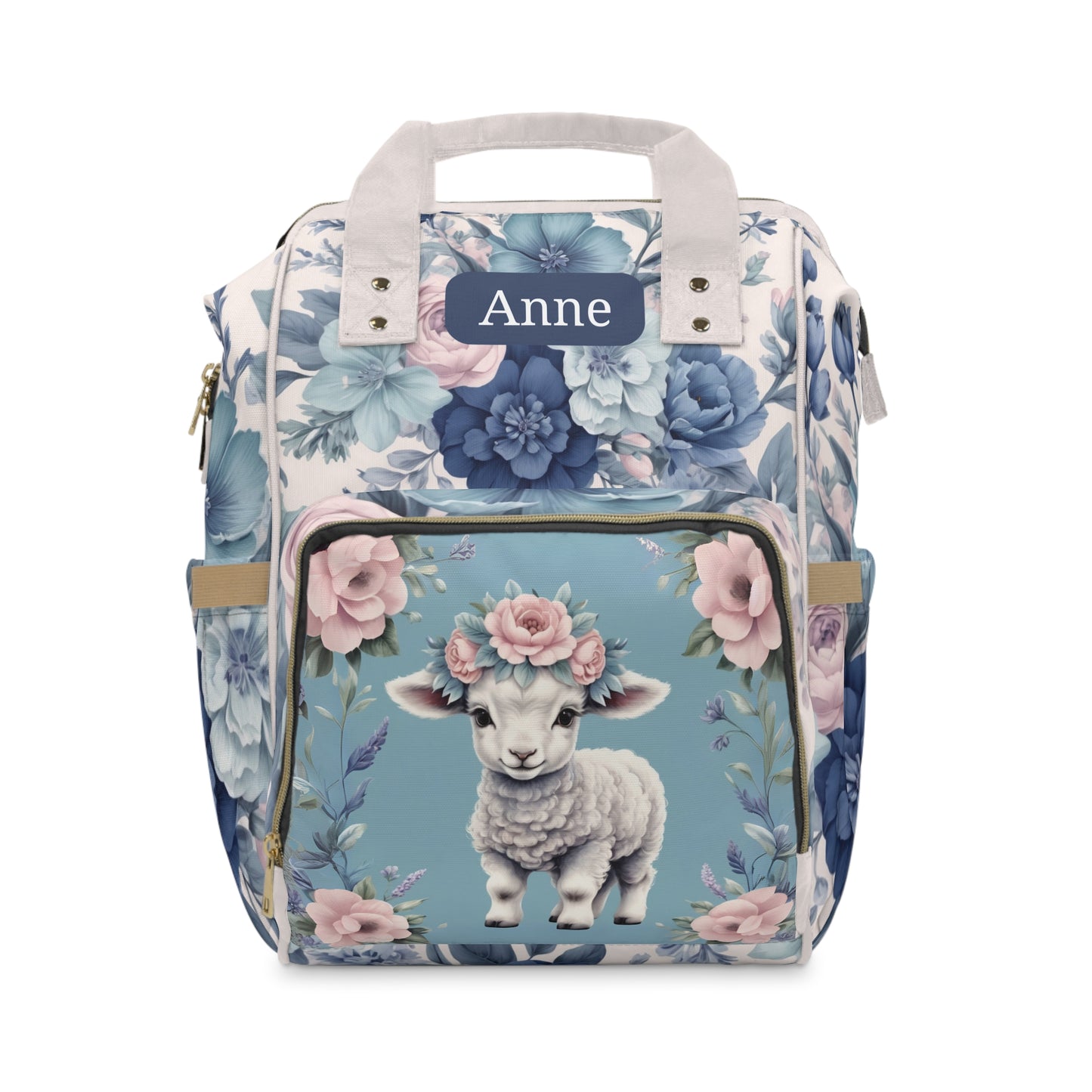 Girls Diaper Bag Backpack | Personalized Lamb Design | Delft Blue Inspired Baby Bag with Floral Pastels | Unique Baby Shower Gift