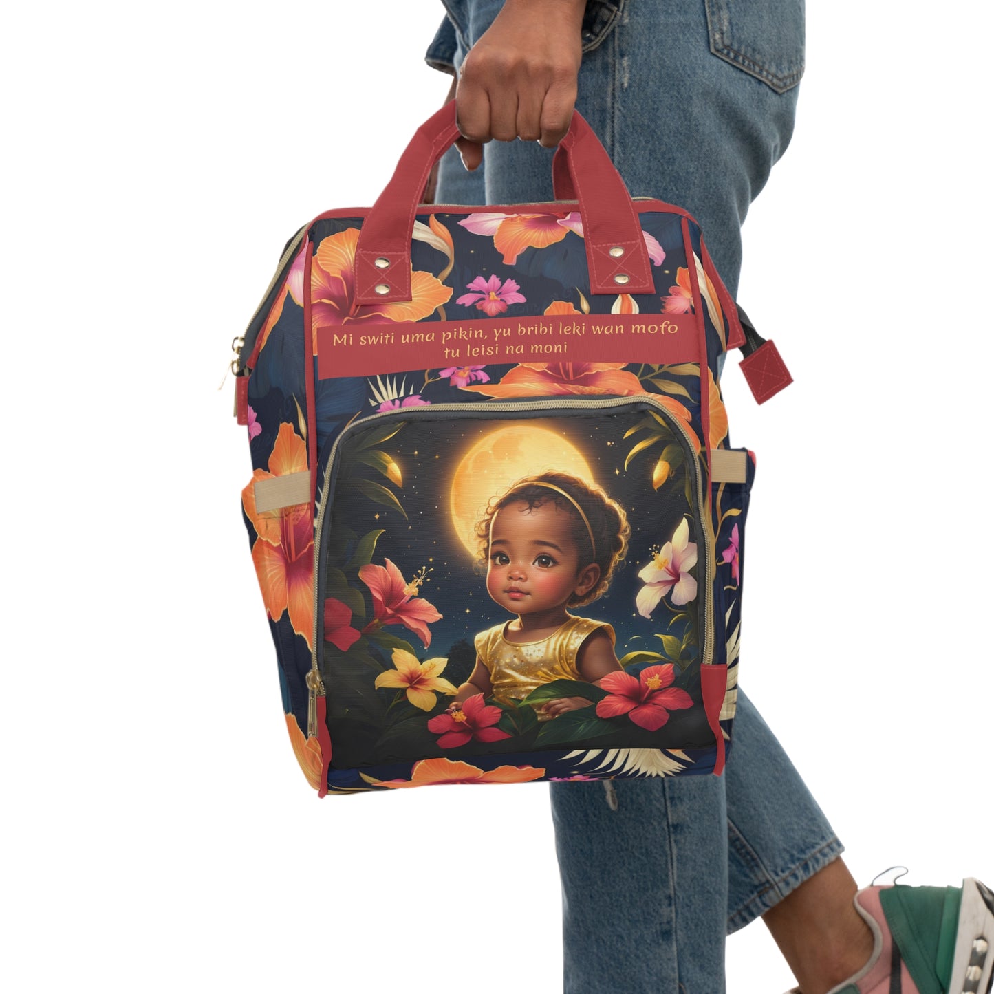 Girls Surinamese Backpack | Personalized Baby Girl Bag with Moon & Hibiscus Quote | Unique Cultural Baby Shower Gift