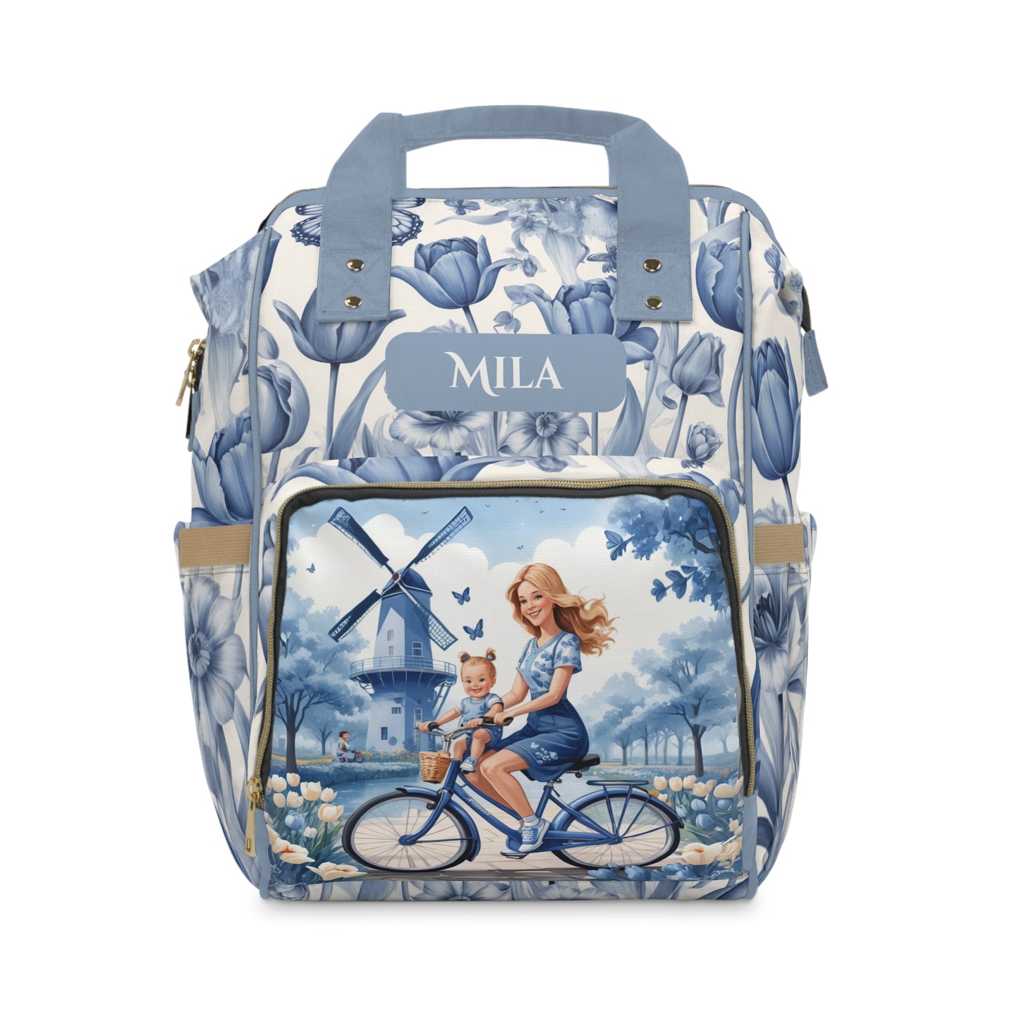 Girls Diaper Bag Personalized Dutch Delft Blue | Baby Girl Backpack with Windmill, Tulips & Name Example (Mila)
