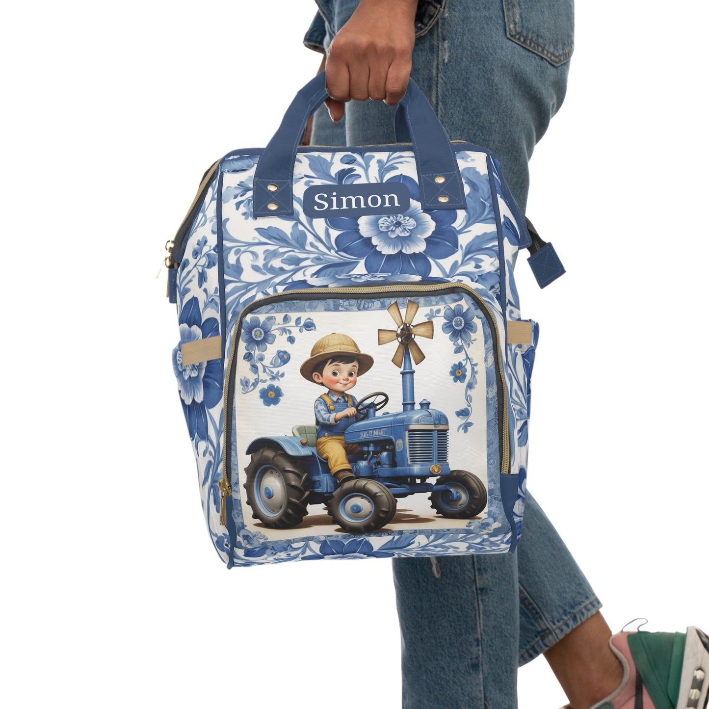 Boys Diaper Bag – Delft Blue Tractor Adventure Edition | Personalized Baby Backpack