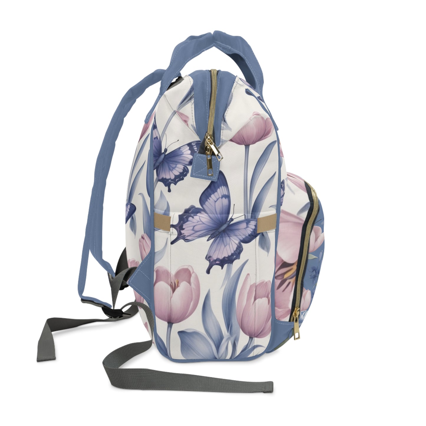 Girls Diaper Bag Backpack | Personalized Bird Design | Delft Blue Inspired Baby Bag with Tulips & Butterflies | Baby Shower Gift