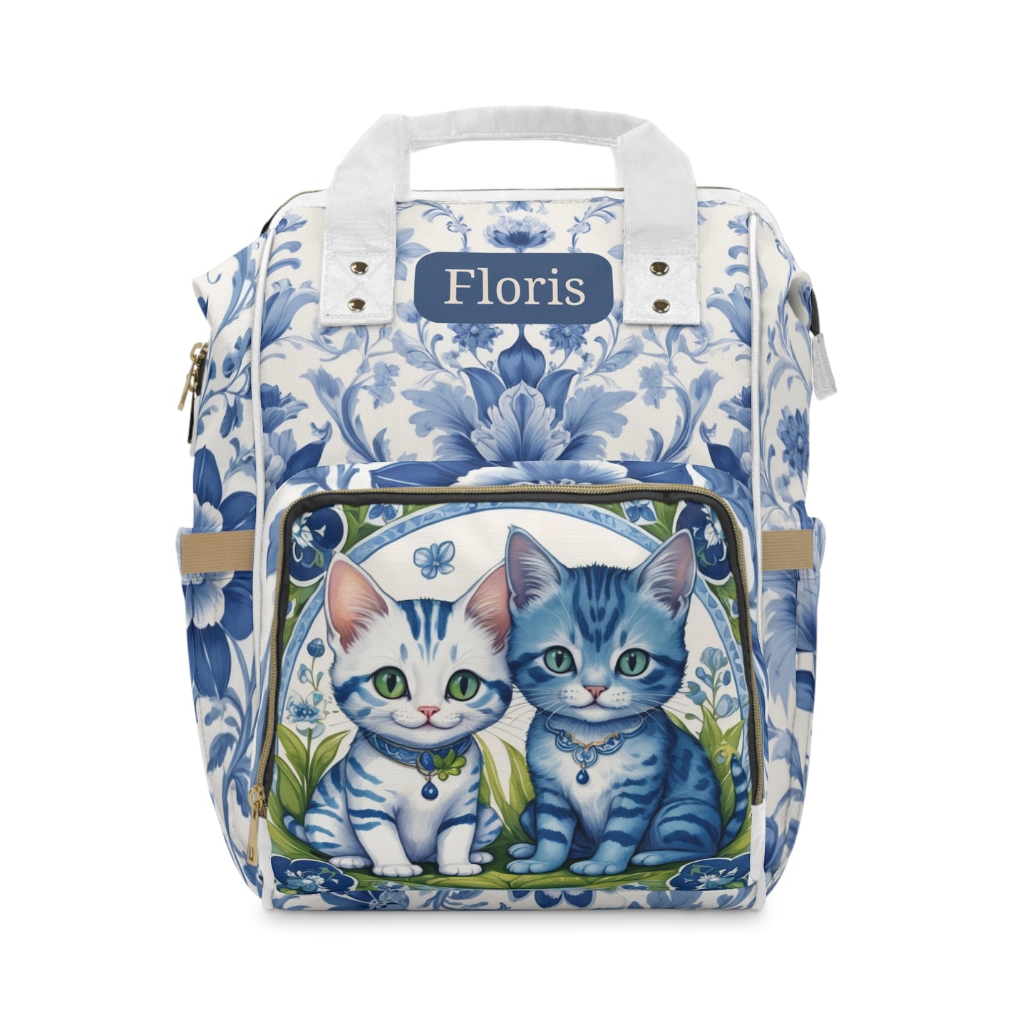 Boys Diaper Bag – Delft Blue Cats Duo Edition | Personalized Baby Backpack