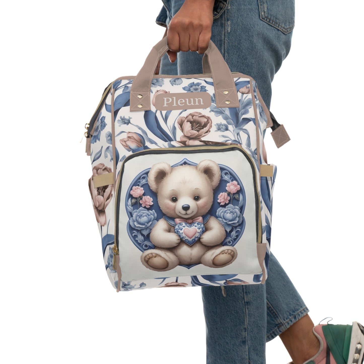 Girls Diaper Bag Backpack | Personalized Teddy Bear Design | Delft Blue Inspired Baby Bag with Pastel Florals | Baby Shower Gift