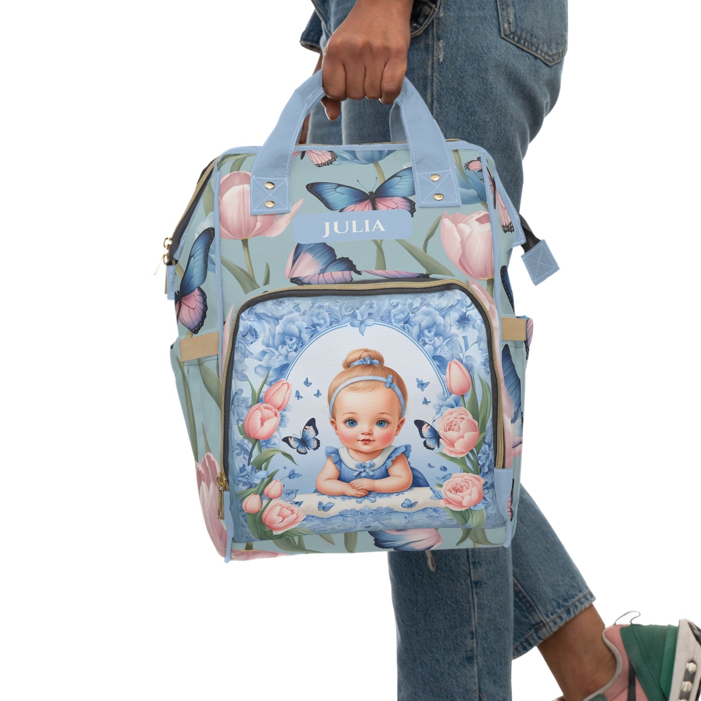 Girls Diaper Bag Personalized | Dutch Delft Blue Baby Bag with Tulips & Butterflies | Custom Baby Name Example Julia