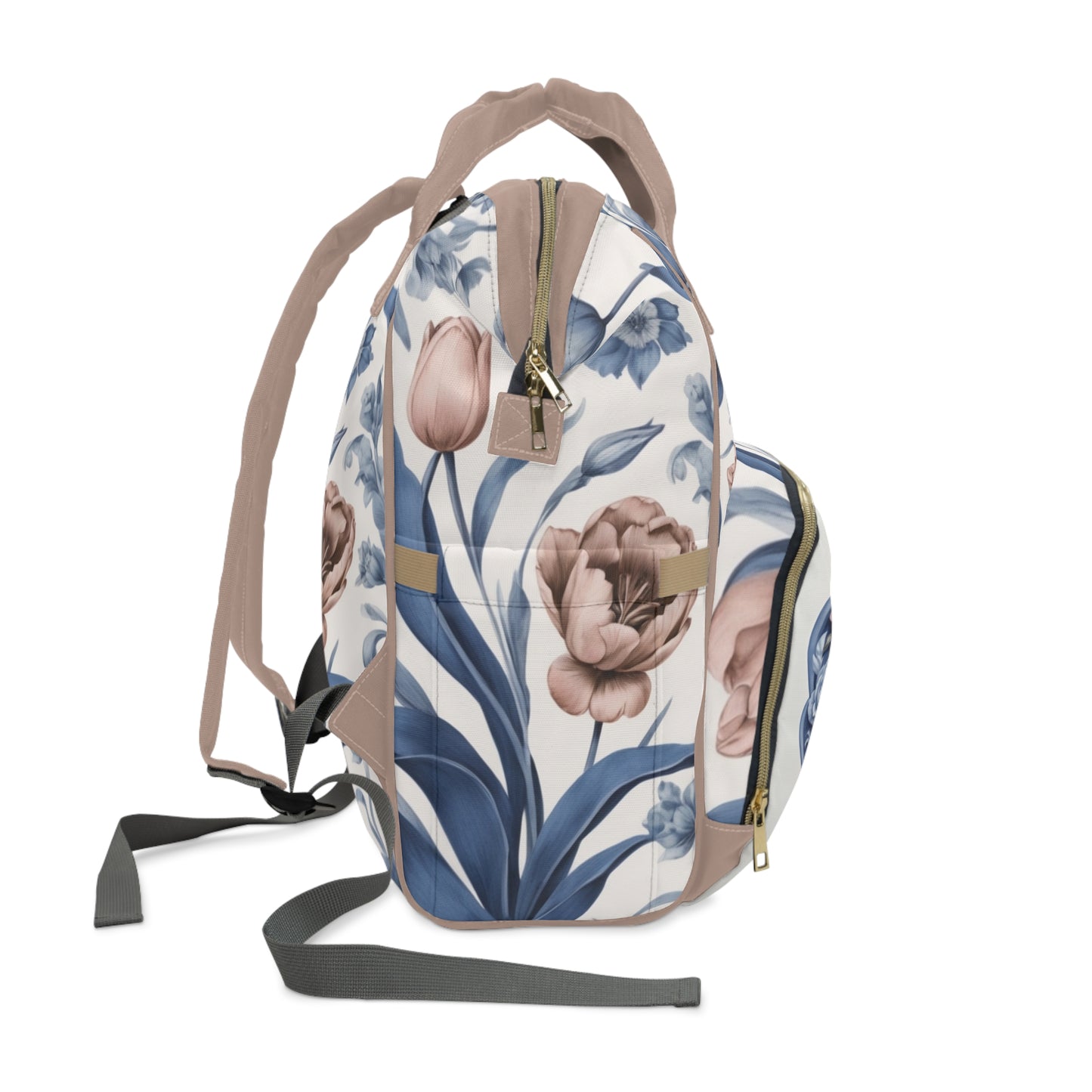 Girls Diaper Bag Backpack | Personalized Teddy Bear Design | Delft Blue Inspired Baby Bag with Pastel Florals | Baby Shower Gift