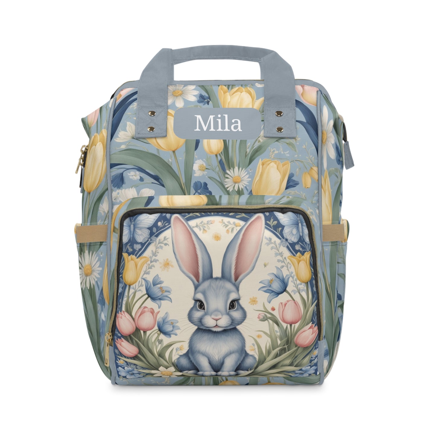 Girls Diaper Bag Backpack | Personalized Bunny Design | Delft Blue Inspired Baby Bag with Tulips & Pastels | Unique Baby Shower Gift