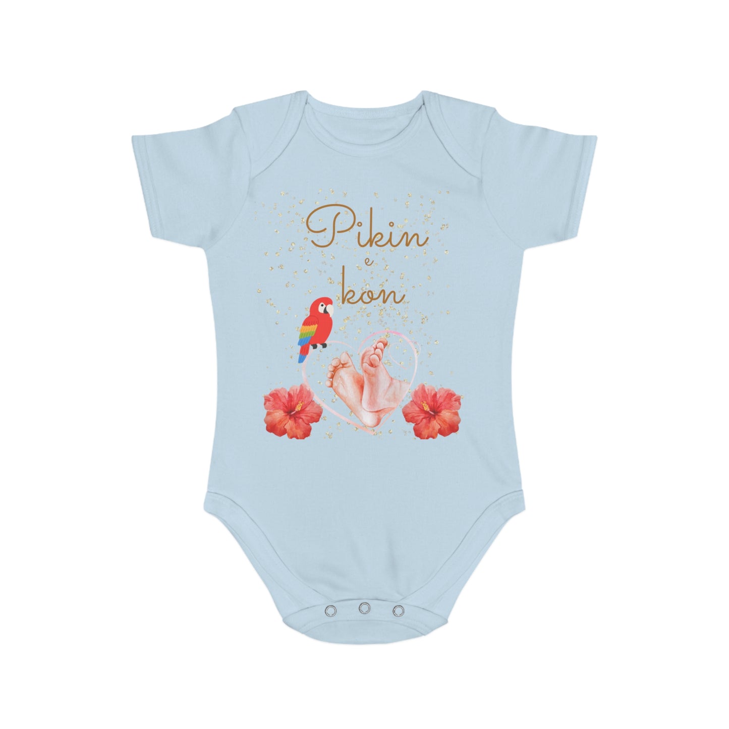 Surinamese Baby Announcement Romper – Pikin e kon – Tropical Hibiscus & Baby Feet”