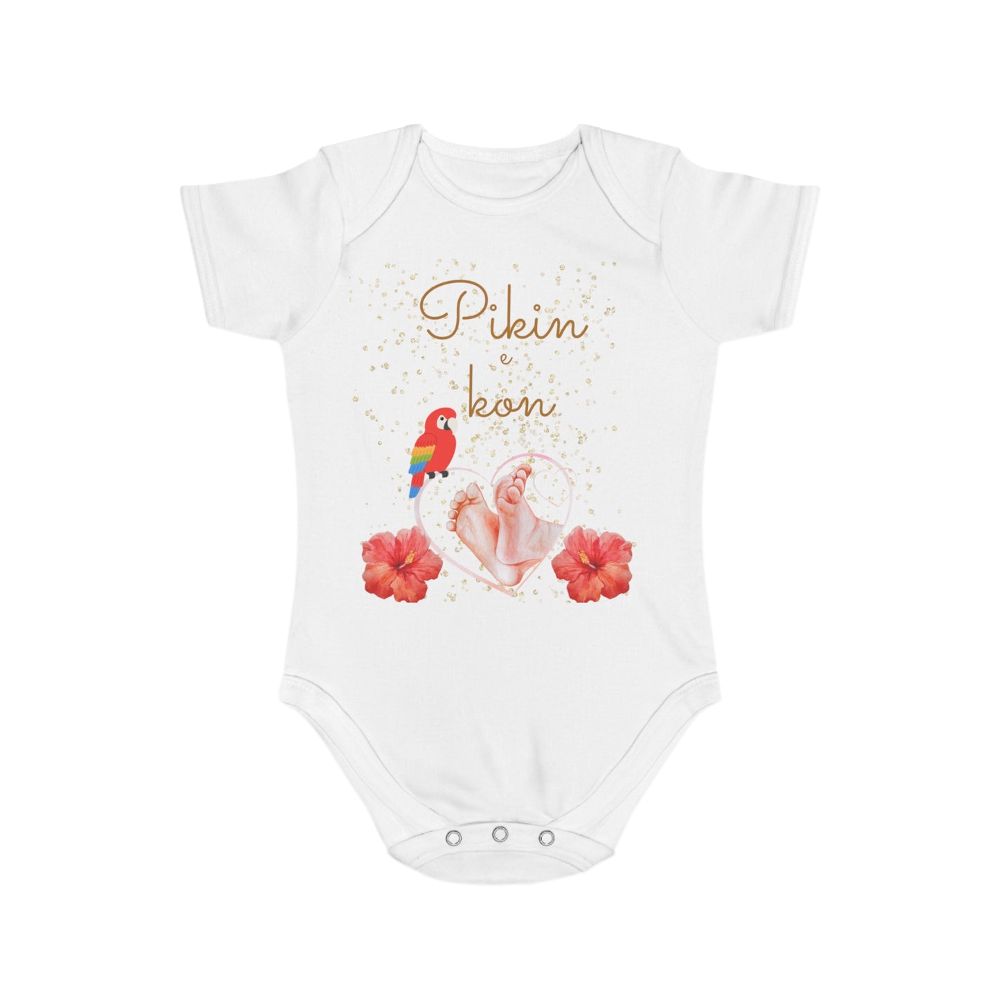 Surinamese Baby Announcement Romper – Pikin e kon – Tropical Hibiscus & Baby Feet”