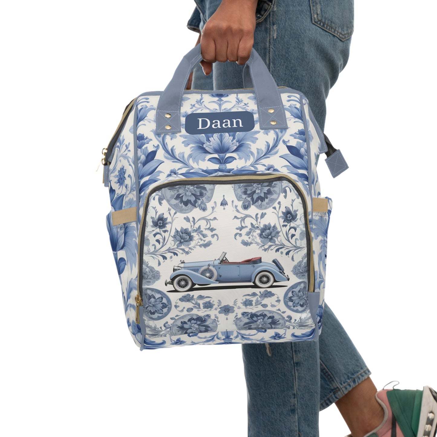 Boys Diaper Bag – Delft Blue Car Edition | Personalized Baby Backpack