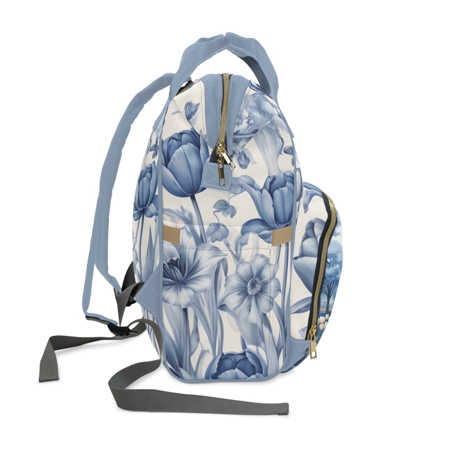 Girls Diaper Bag Personalized Dutch Delft Blue | Baby Girl Backpack with Windmill, Tulips & Name Example (Mila)