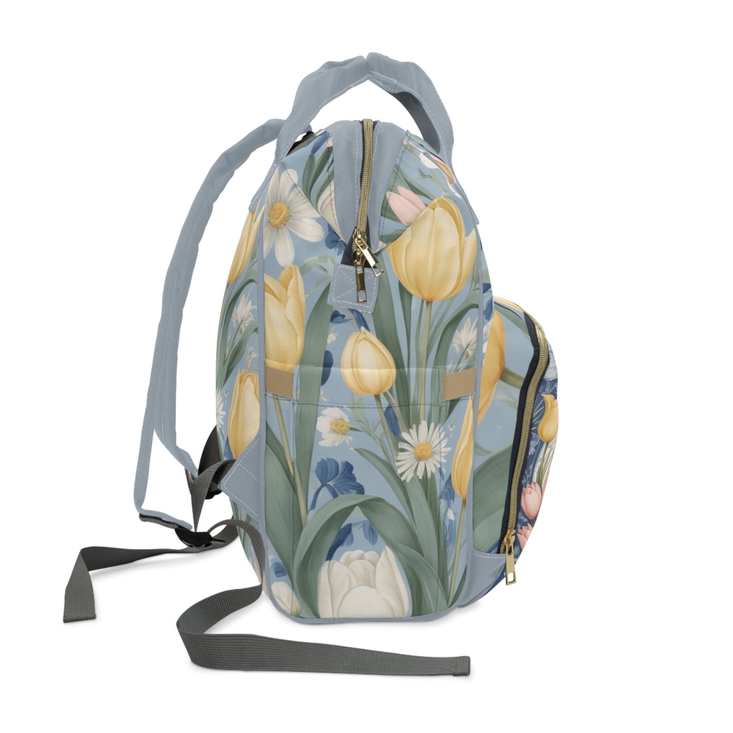 Girls Diaper Bag Backpack | Personalized Bunny Design | Delft Blue Inspired Baby Bag with Tulips & Pastels | Unique Baby Shower Gift