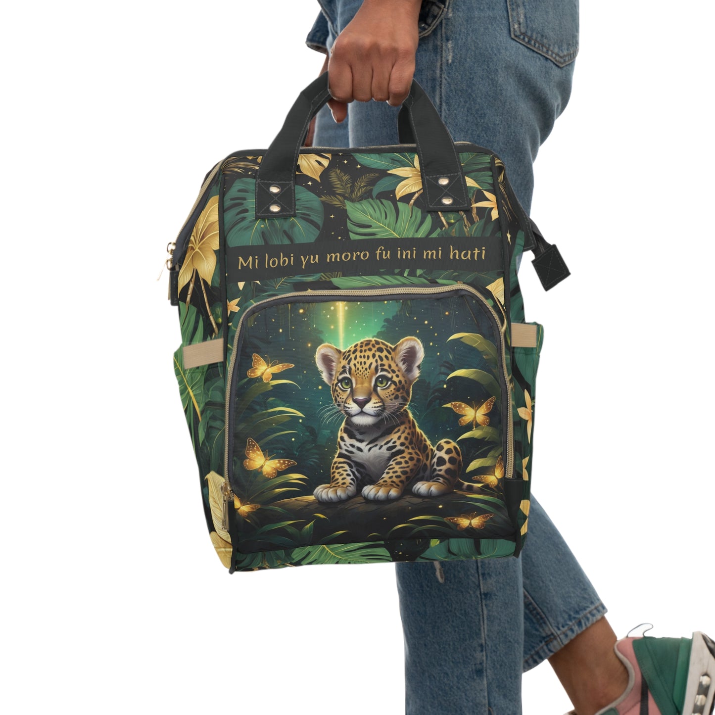 Boys Surinamese Backpack | Personalized Baby Boy Bag with Jaguar Cub & Love Quote | Unique Cultural Baby Shower Gift