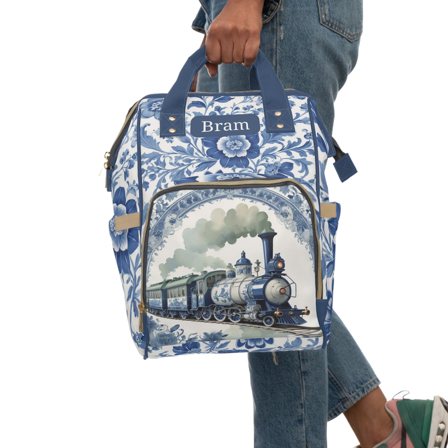 Boys Diaper Bag – Delft Blue Train Edition | Personalized Baby Backpack
