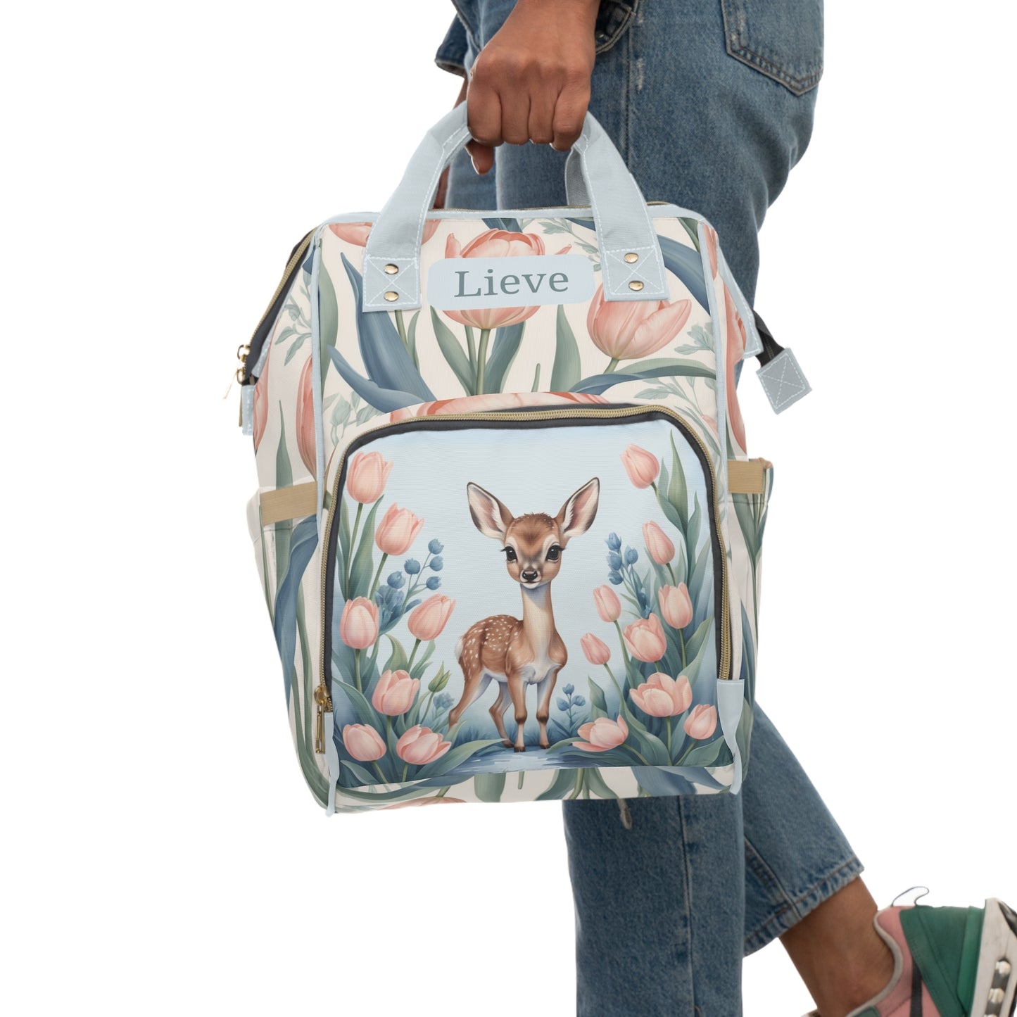 Girls Diaper Bag Backpack | Personalized Deer Design | Delft Blue Inspired Baby Bag with Tulips & Pastels | Baby Shower Gift