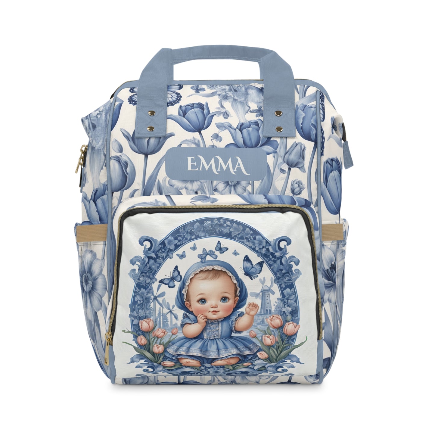 Girls Diaper Bag Personalized Dutch Delft Blue | Baby Girl Backpack with Tulips, Windmill & Name Example (Emma)
