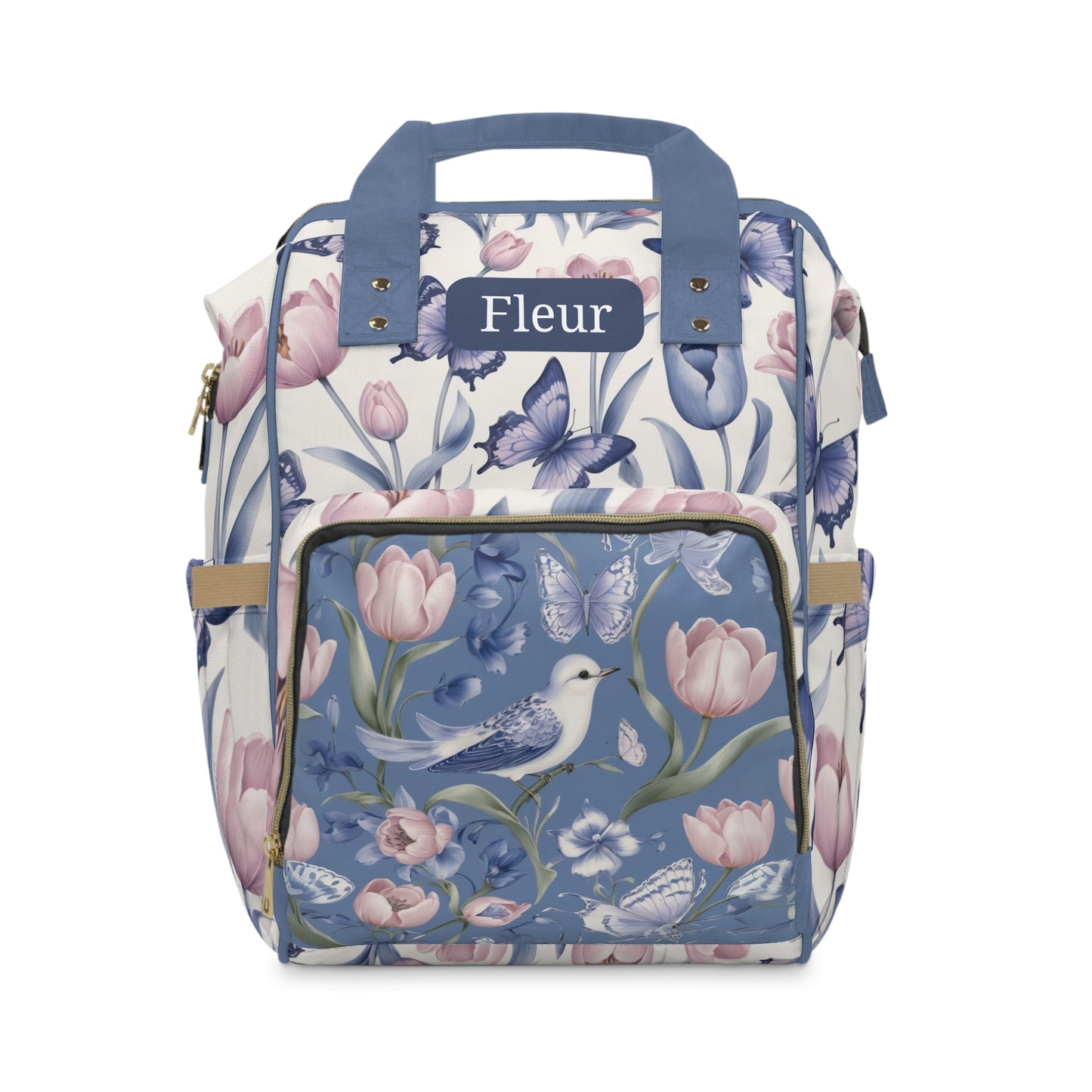 Girls Diaper Bag Backpack | Personalized Bird Design | Delft Blue Inspired Baby Bag with Tulips & Butterflies | Baby Shower Gift