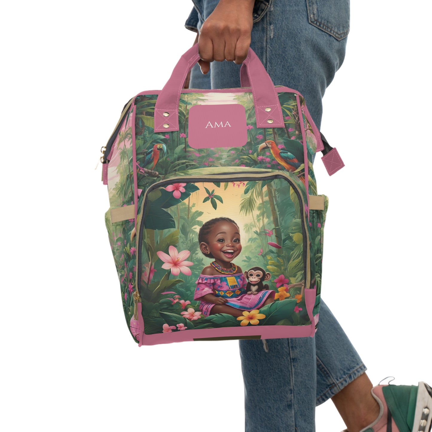 Girl Diaper Bag – Ghanaian Kente Monkey Princess Edition