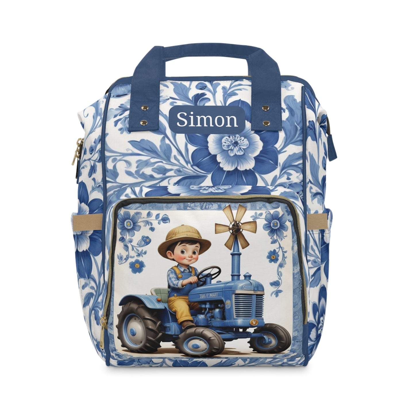 Boys Diaper Bag – Delft Blue Tractor Adventure Edition | Personalized Baby Backpack