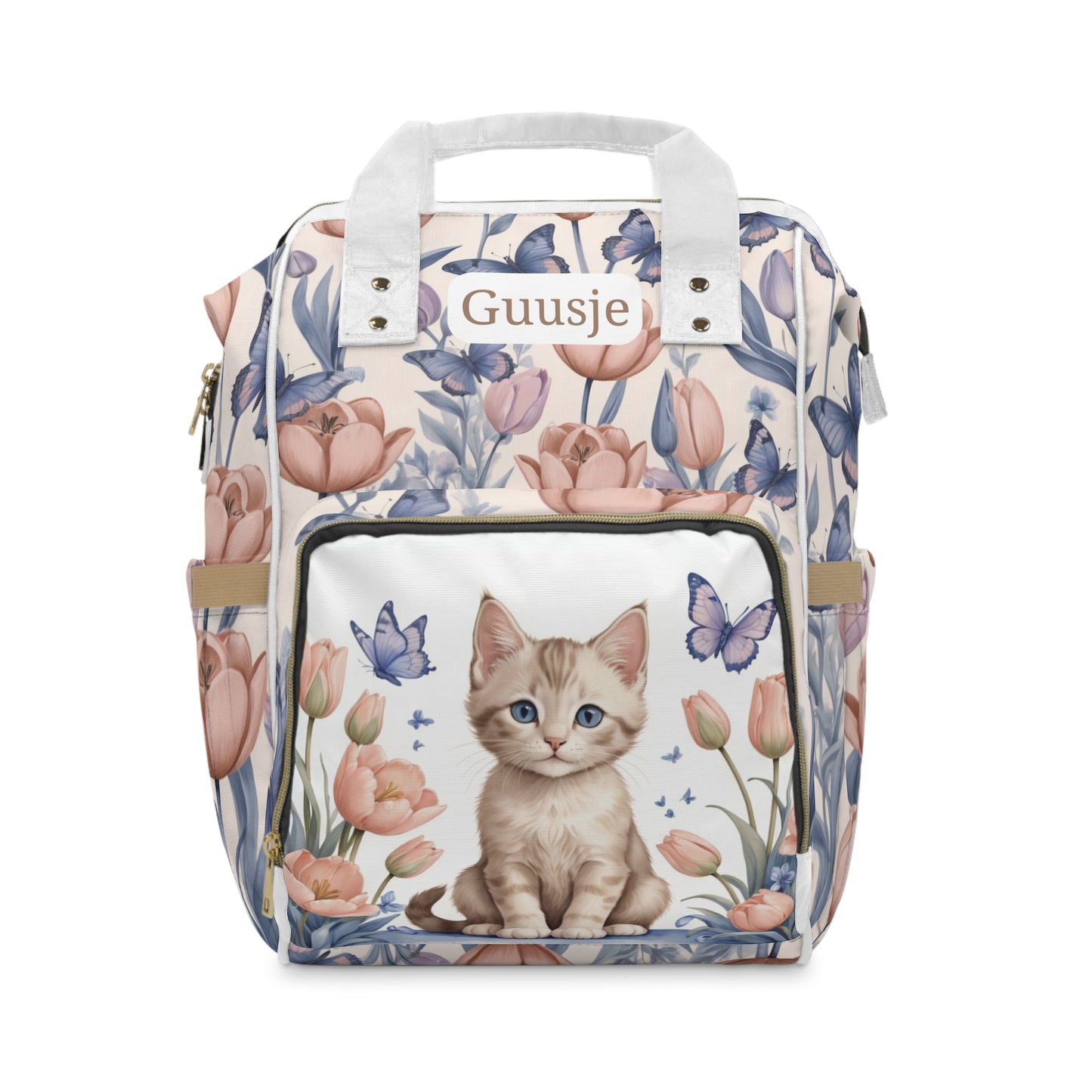 Girls Diaper Bag Backpack | Personalized Kitten Design | Delft Blue Inspired Baby Bag with Tulips & Butterflies | Baby Shower Gift