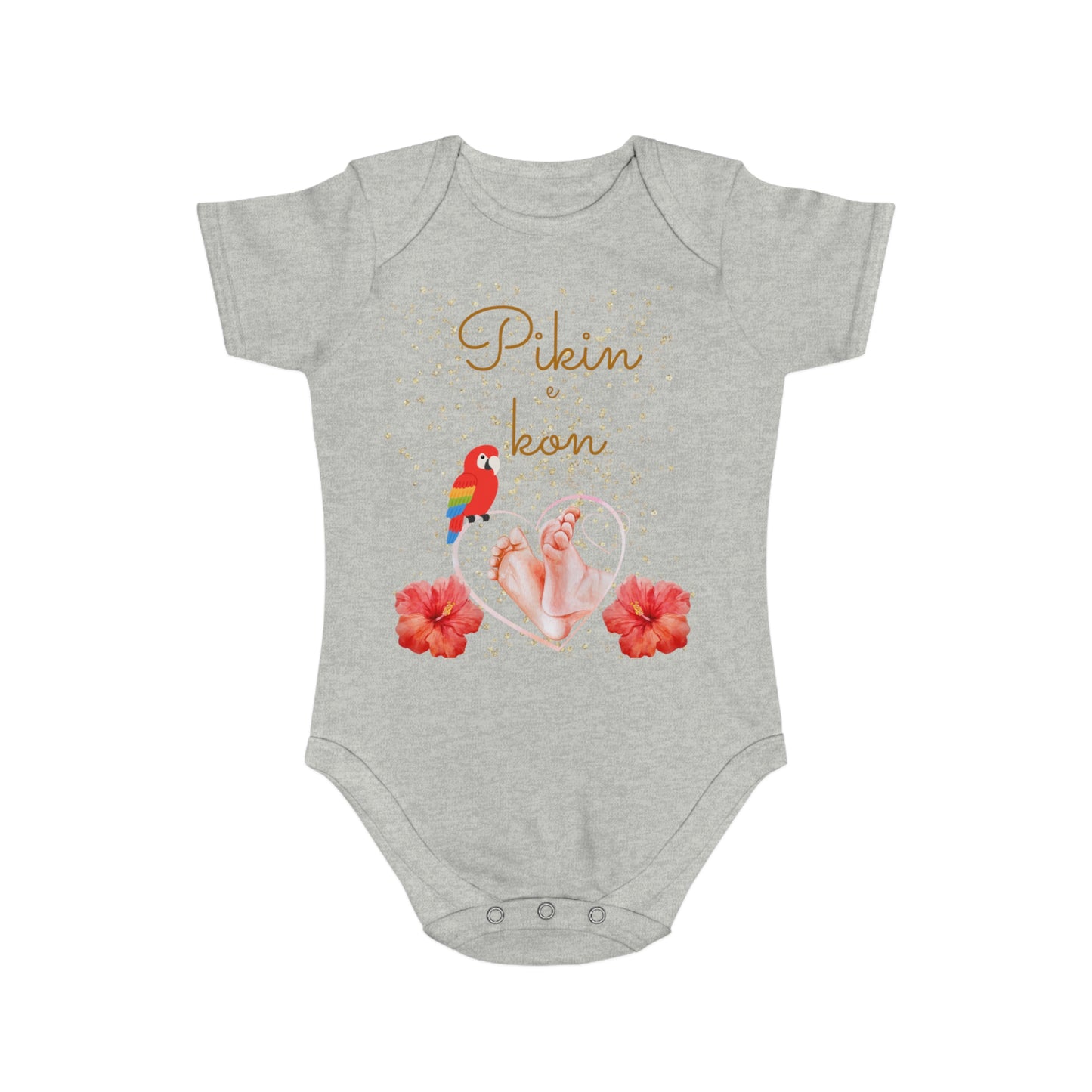 Surinamese Baby Announcement Romper – Pikin e kon – Tropical Hibiscus & Baby Feet”