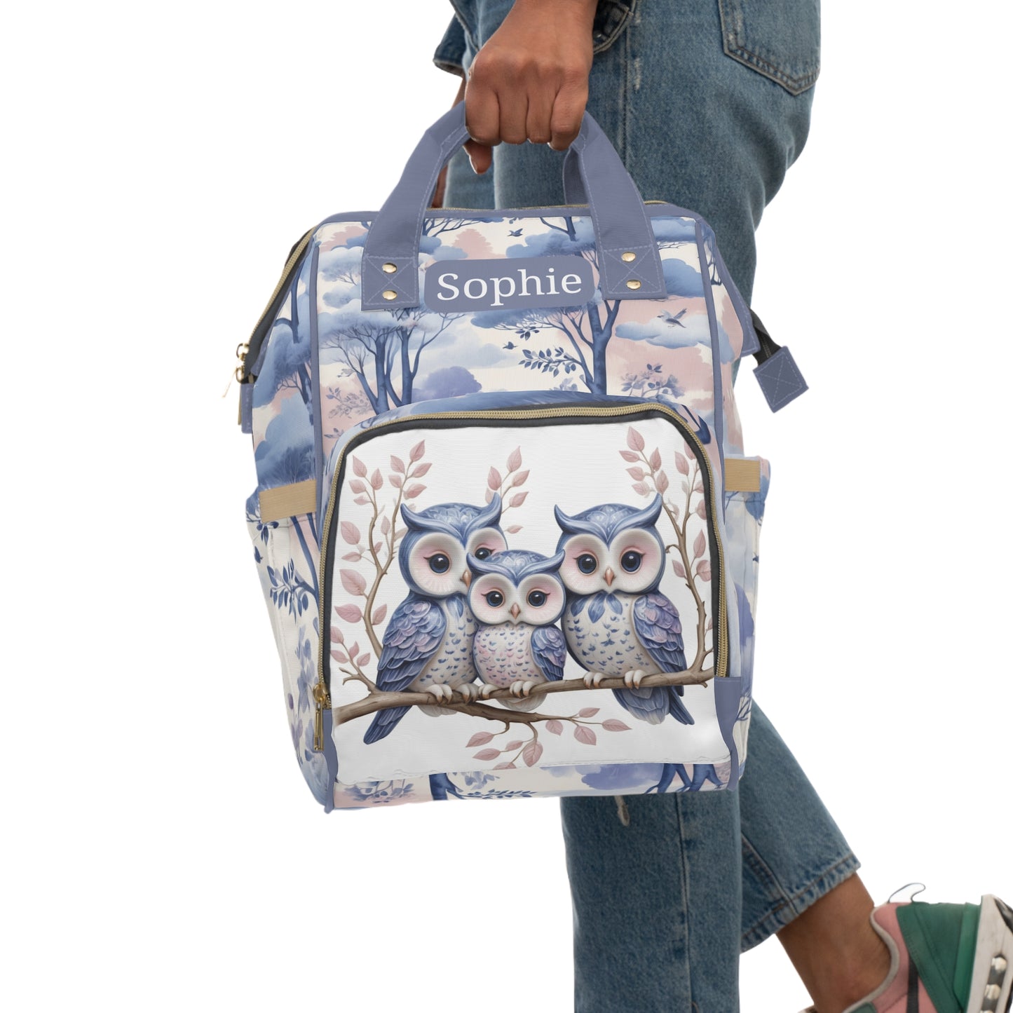 Girls Diaper Bag Backpack | Personalized Owl Design | Delft Blue Inspired Baby Bag with Pastel Accents | Unique Baby Shower Gift