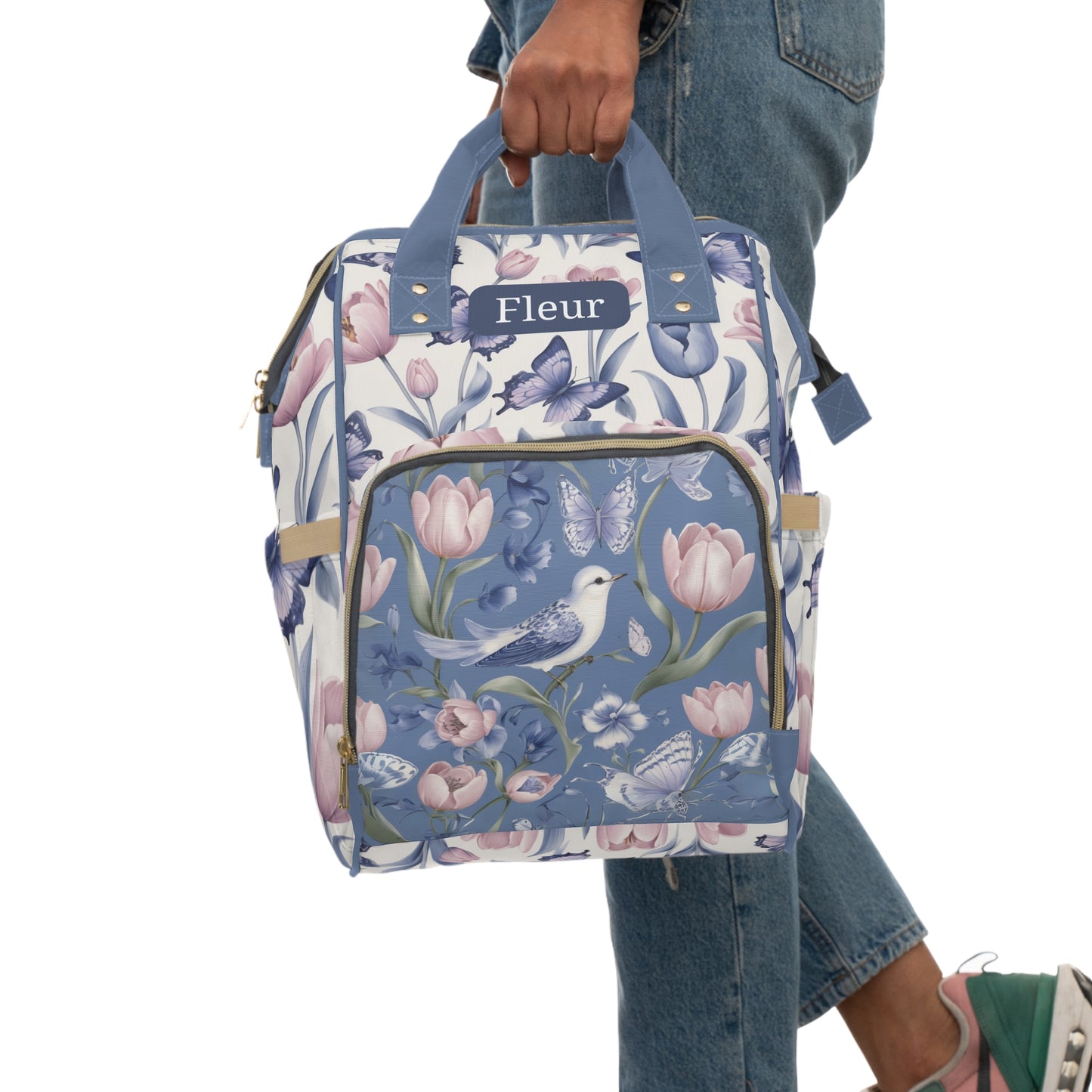Girls Diaper Bag Backpack | Personalized Bird Design | Delft Blue Inspired Baby Bag with Tulips & Butterflies | Baby Shower Gift