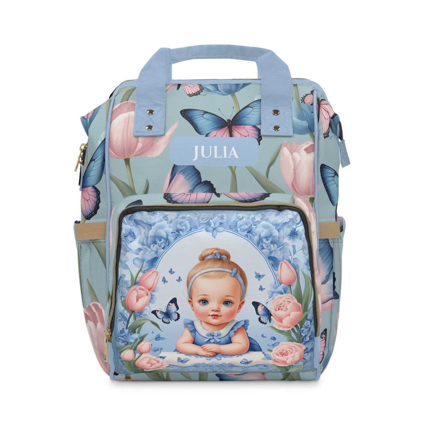 Girls Diaper Bag Personalized | Dutch Delft Blue Baby Bag with Tulips & Butterflies | Custom Baby Name Example Julia