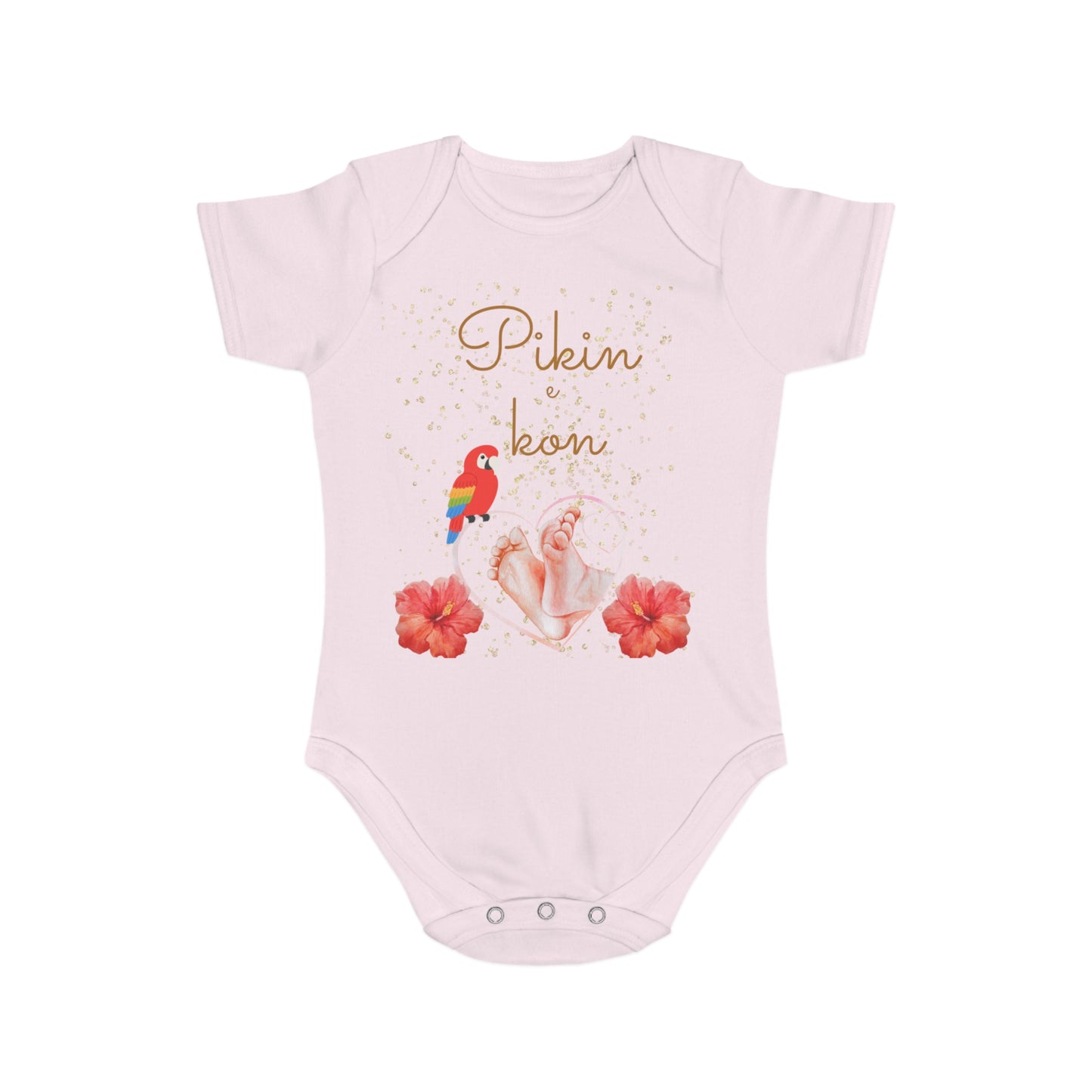 Surinamese Baby Announcement Romper – Pikin e kon – Tropical Hibiscus & Baby Feet”