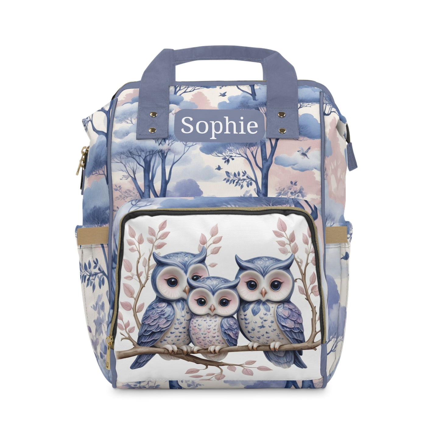Girls Diaper Bag Backpack | Personalized Owl Design | Delft Blue Inspired Baby Bag with Pastel Accents | Unique Baby Shower Gift