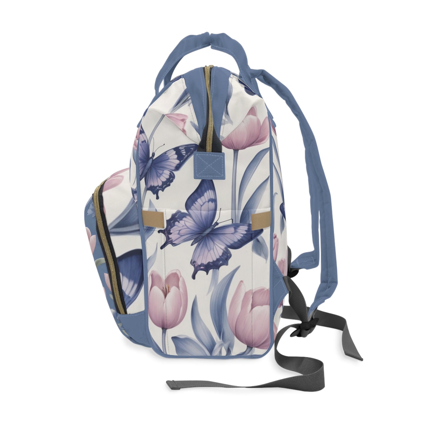 Girls Diaper Bag Backpack | Personalized Bird Design | Delft Blue Inspired Baby Bag with Tulips & Butterflies | Baby Shower Gift