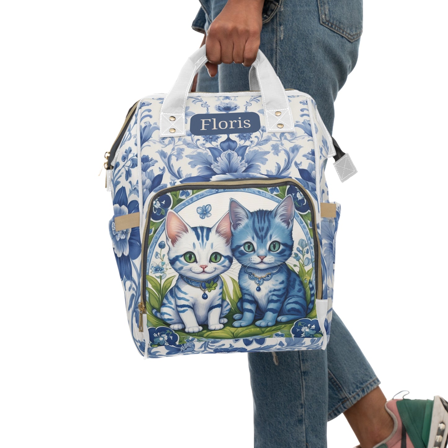 Boys Diaper Bag – Delft Blue Cats Duo Edition | Personalized Baby Backpack