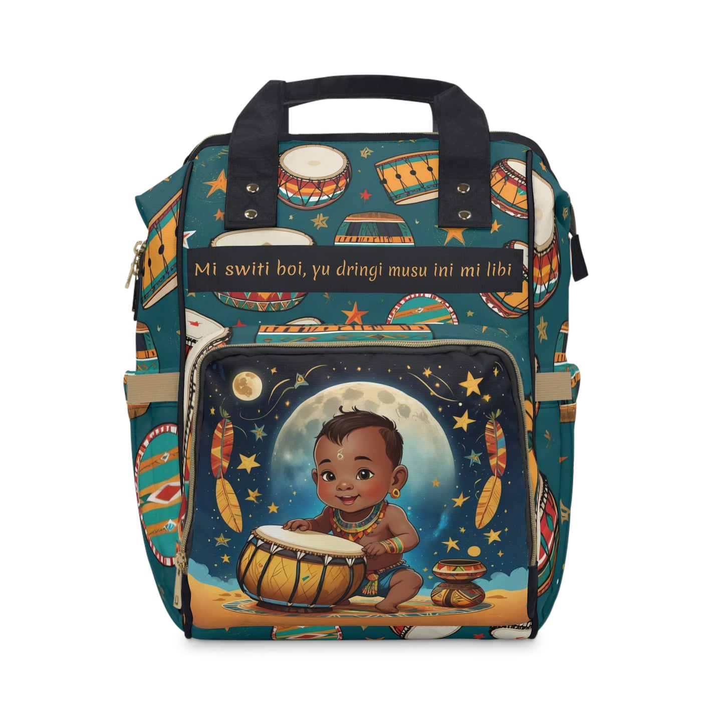 Boys Surinamese Backpack | Personalized Baby Boy Bag with Drum & Moonlight Quote | Unique Cultural Baby Shower Gift