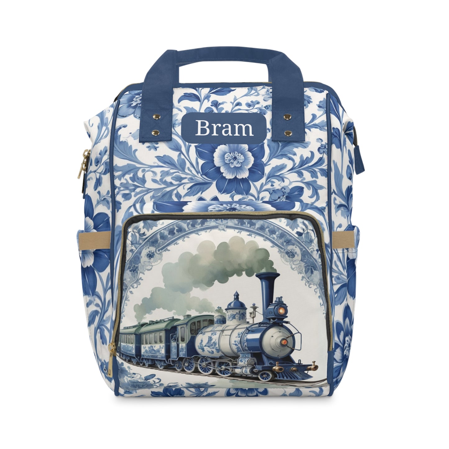 Boys Diaper Bag – Delft Blue Train Edition | Personalized Baby Backpack